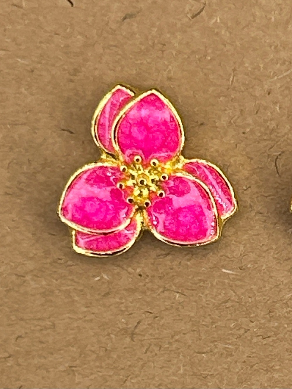 Pink Floral Petal Stud Earrings - Gold Trim Fashion Jewelry - Picture 3 of 4